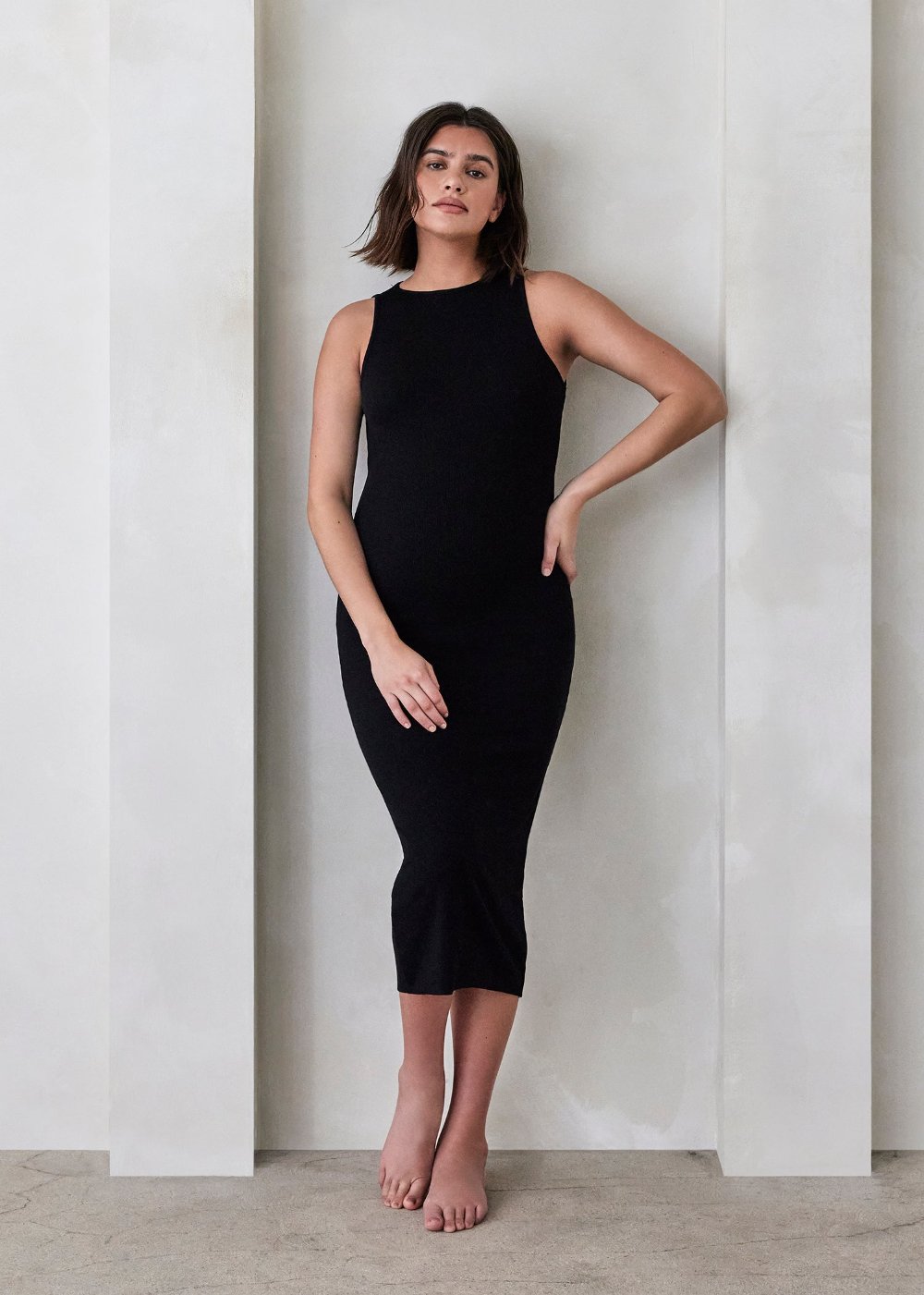 Bumpsuit Maternity Soft Rib Boat Neck Midi Dress in Black