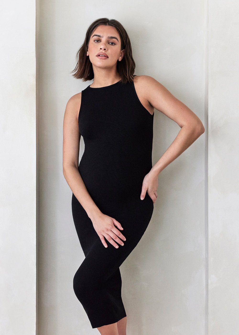 Bumpsuit Maternity Soft Rib Boat Neck Midi Dress in Black