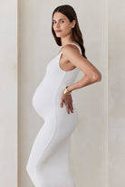 Bumpsuit Maternity The Sophia Asymmetrical Neckline Midi Dress in Ivory