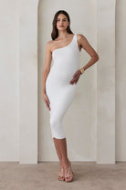 Bumpsuit Maternity The Sophia Asymmetrical Neckline Midi Dress in Ivory