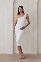 Bumpsuit Maternity The Sophia Asymmetrical Neckline Midi Dress in Ivory