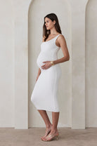 Bumpsuit Maternity The Sophia Asymmetrical Neckline Midi Dress in Ivory