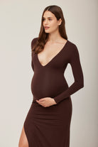 long sleeve v neck evening dress in chocolate