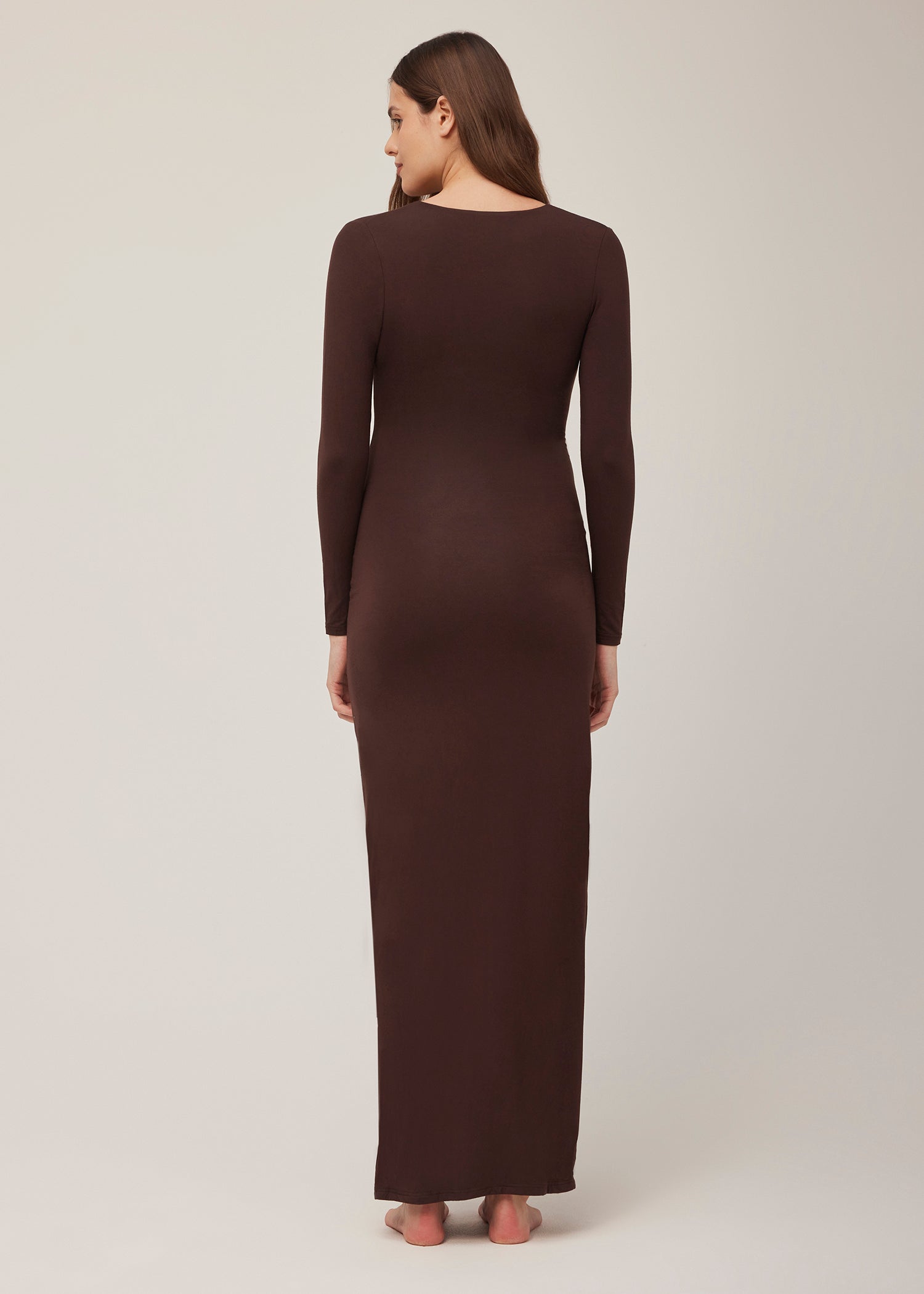 long sleeve v neck evening dress in chocolate