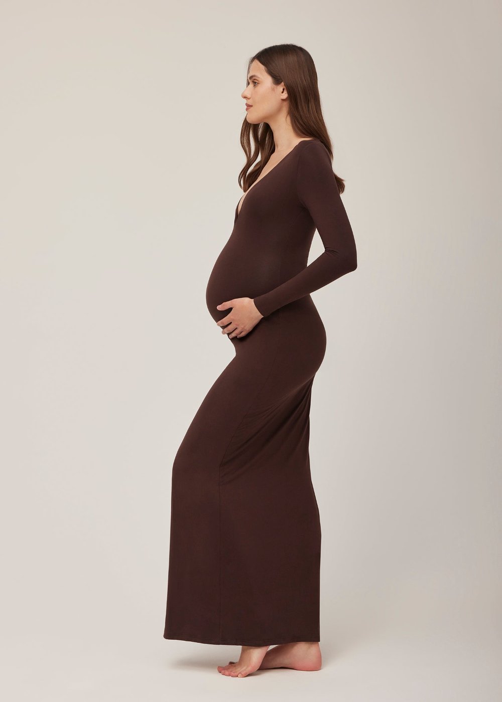 long sleeve v neck evening dress in chocolate