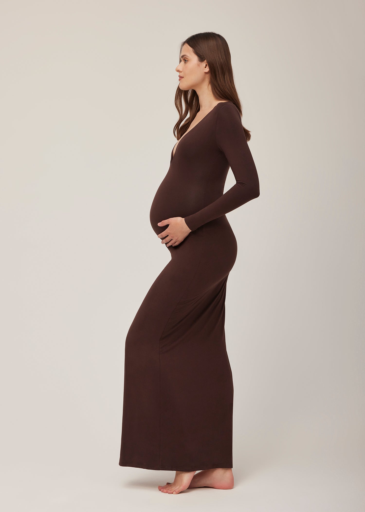 long sleeve v neck evening dress in chocolate