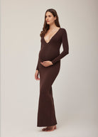 long sleeve v neck evening dress in chocolate