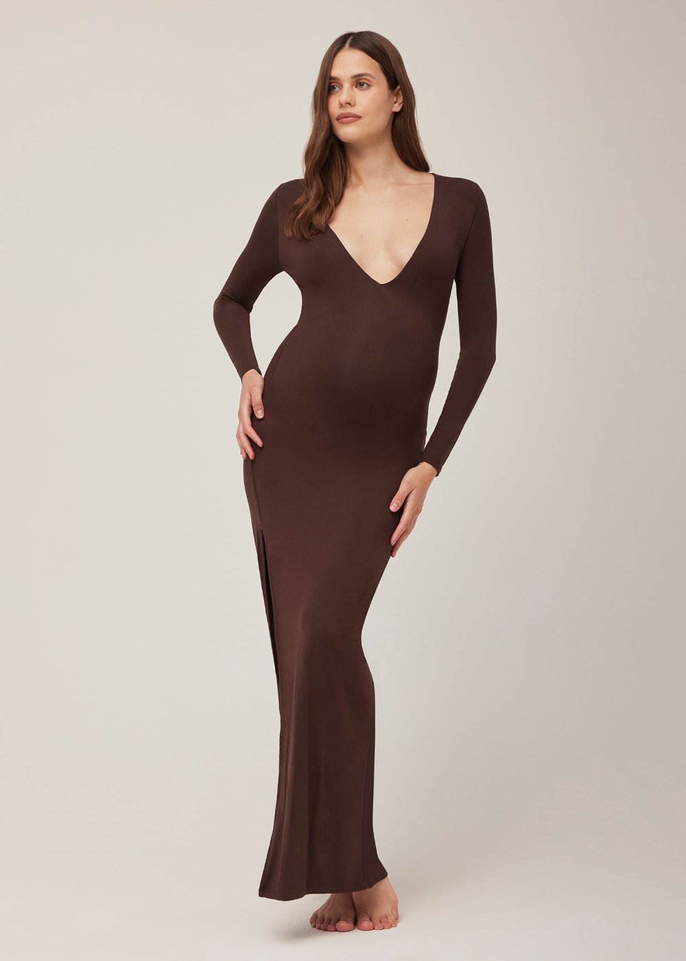 long sleeve v neck evening dress in chocolate