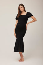 Bumpsuit Maternity Vacation Collection feat. Georgia Fowler the Shirred Puff Sleeve Dress in Black