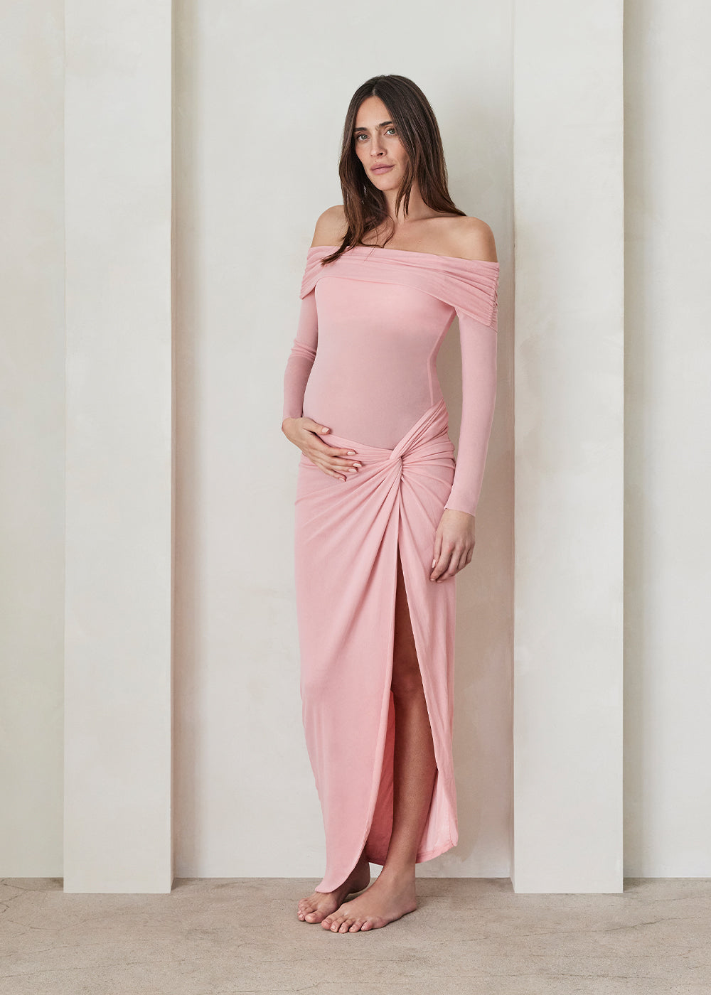 bumpsuit the off the shoulder soft mesh maternity top in dusty pink