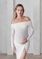 bumpsuit the off the shoulder soft mesh maternity top in ivory