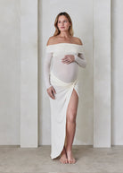 bumpsuit the off the shoulder soft mesh maternity top in ivory