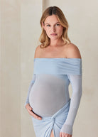 bumpsuit the off the shoulder soft mesh maternity top in powder blue