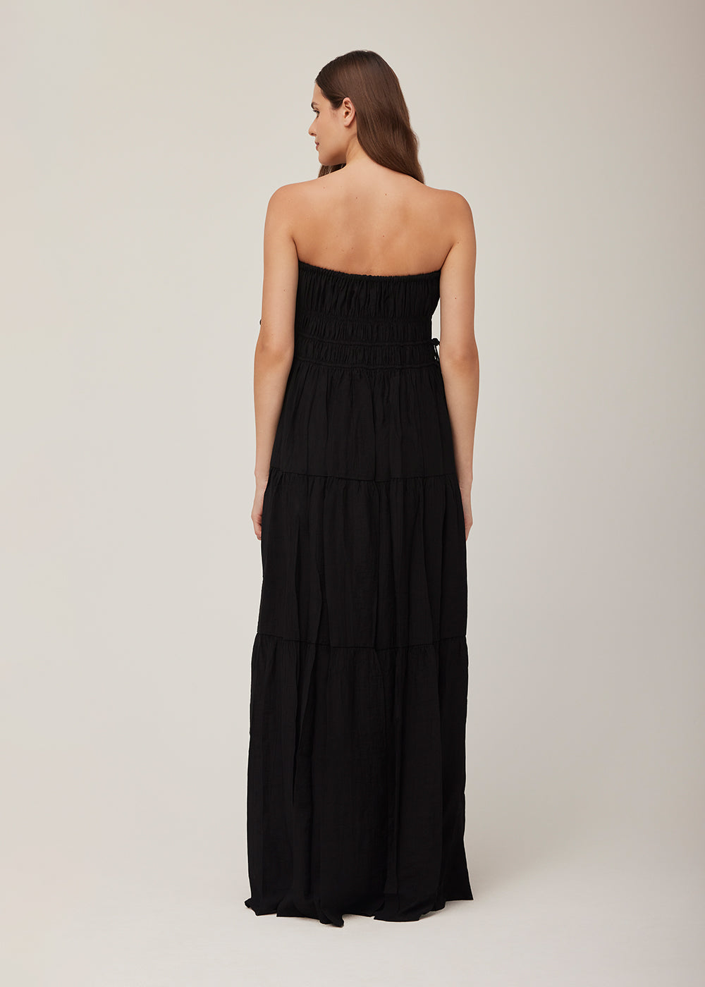 bumpsuit shirred strapless maternity maxi gown in black gauze