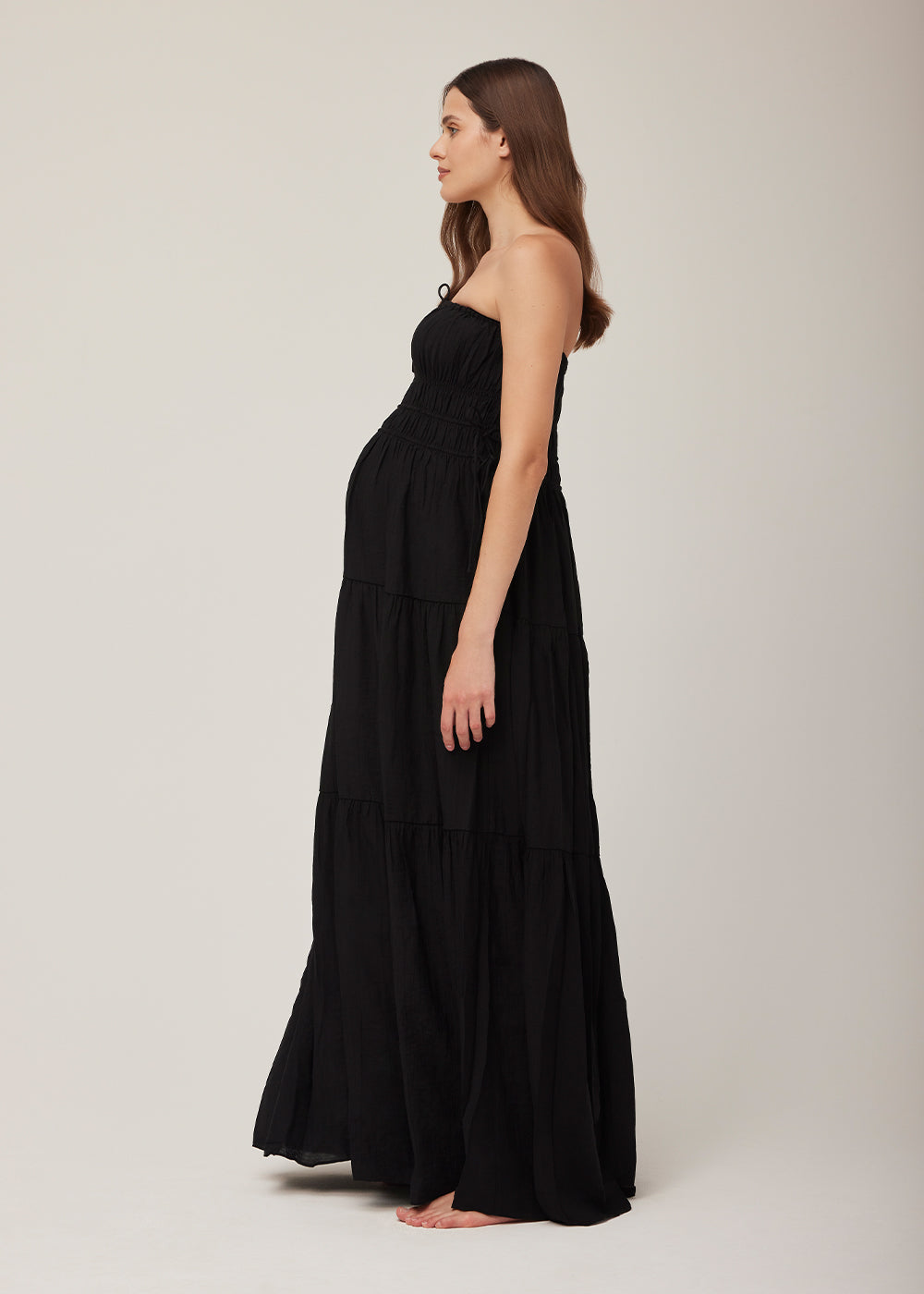 bumpsuit shirred strapless maternity maxi gown in black gauze