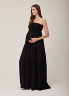 bumpsuit shirred strapless maternity maxi gown in black gauze