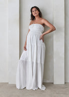 bumpsuit shirred strapless maternity maxi gown in white cotton poplin