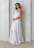 bumpsuit shirred strapless maternity maxi gown in white cotton poplin