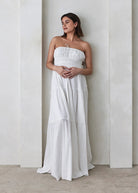 bumpsuit shirred strapless maternity maxi gown in white cotton poplin