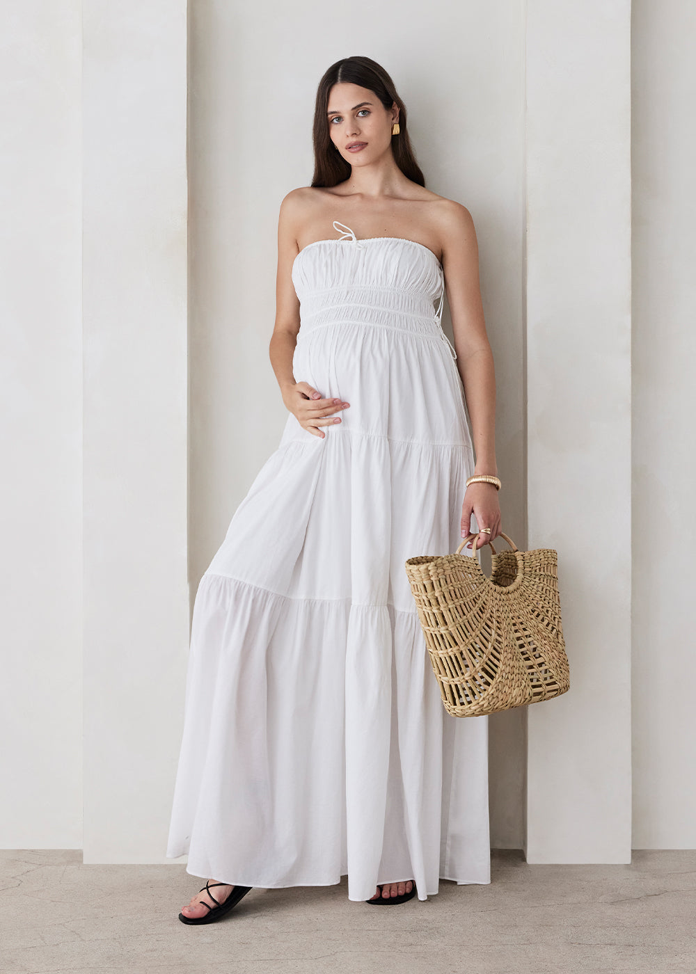 bumpsuit shirred strapless maternity maxi gown in white cotton poplin