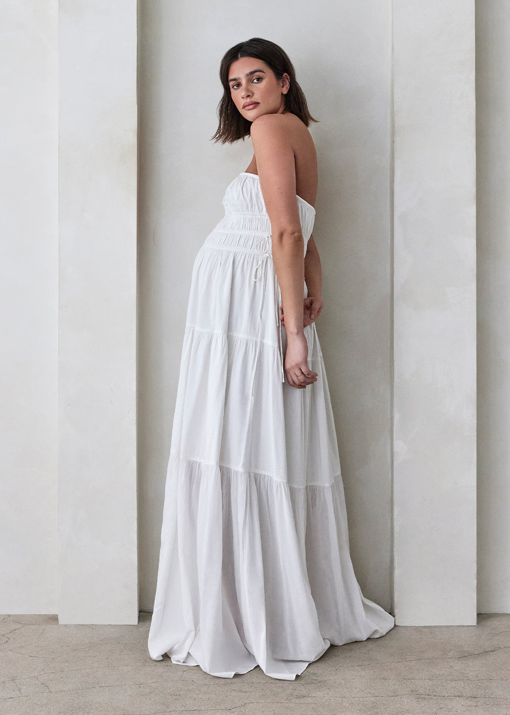 bumpsuit shirred strapless maternity maxi gown in white cotton poplin