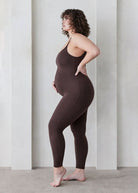 the kate maternity spaghetti strap sleeveless full length jumpsuit in chocolate