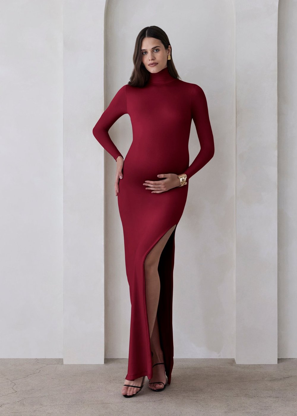 the monica turtleneck long sleeve maxi dress with side slit in burgundy