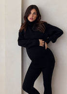 cozy knit turtleneck sweater and flare pant in black