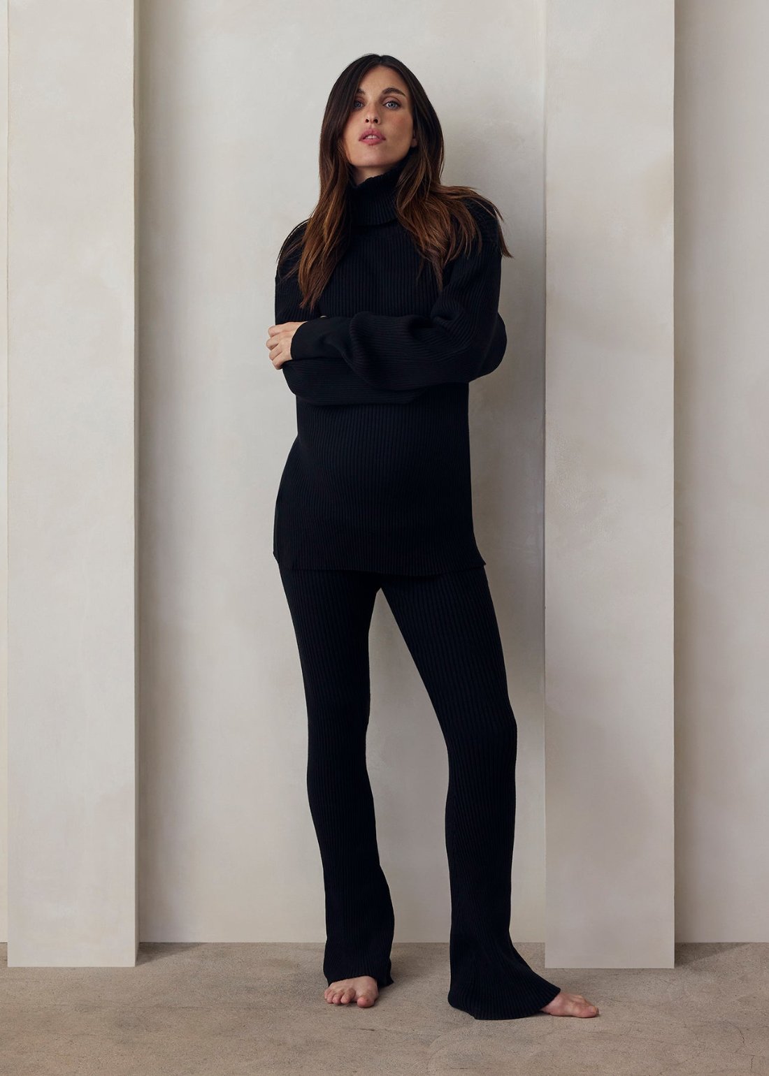 cozy knit turtleneck sweater and flare pant in black