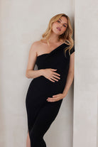 Cozy Knit One Shoulder Knit Maternity Dress in Black