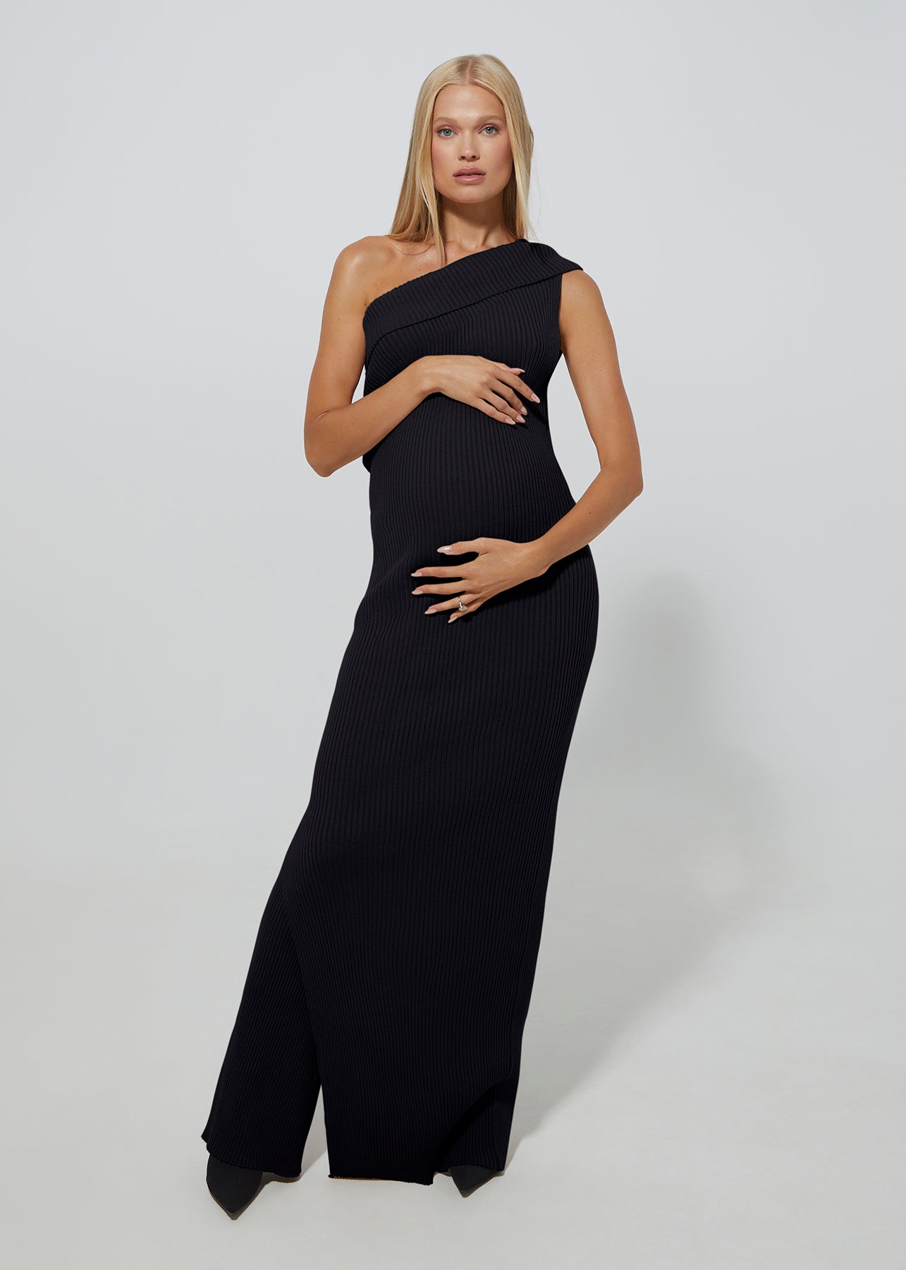 cozy knit one shoulder dress in black