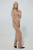 Cozy Knit Oversized Maternity Turtleneck Dress in Camel