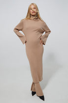 Cozy Knit Oversized Maternity Turtleneck Dress in Camel