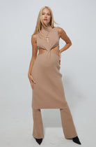 Cozy Knit Turtleneck Cut out Midi Dress in Camel