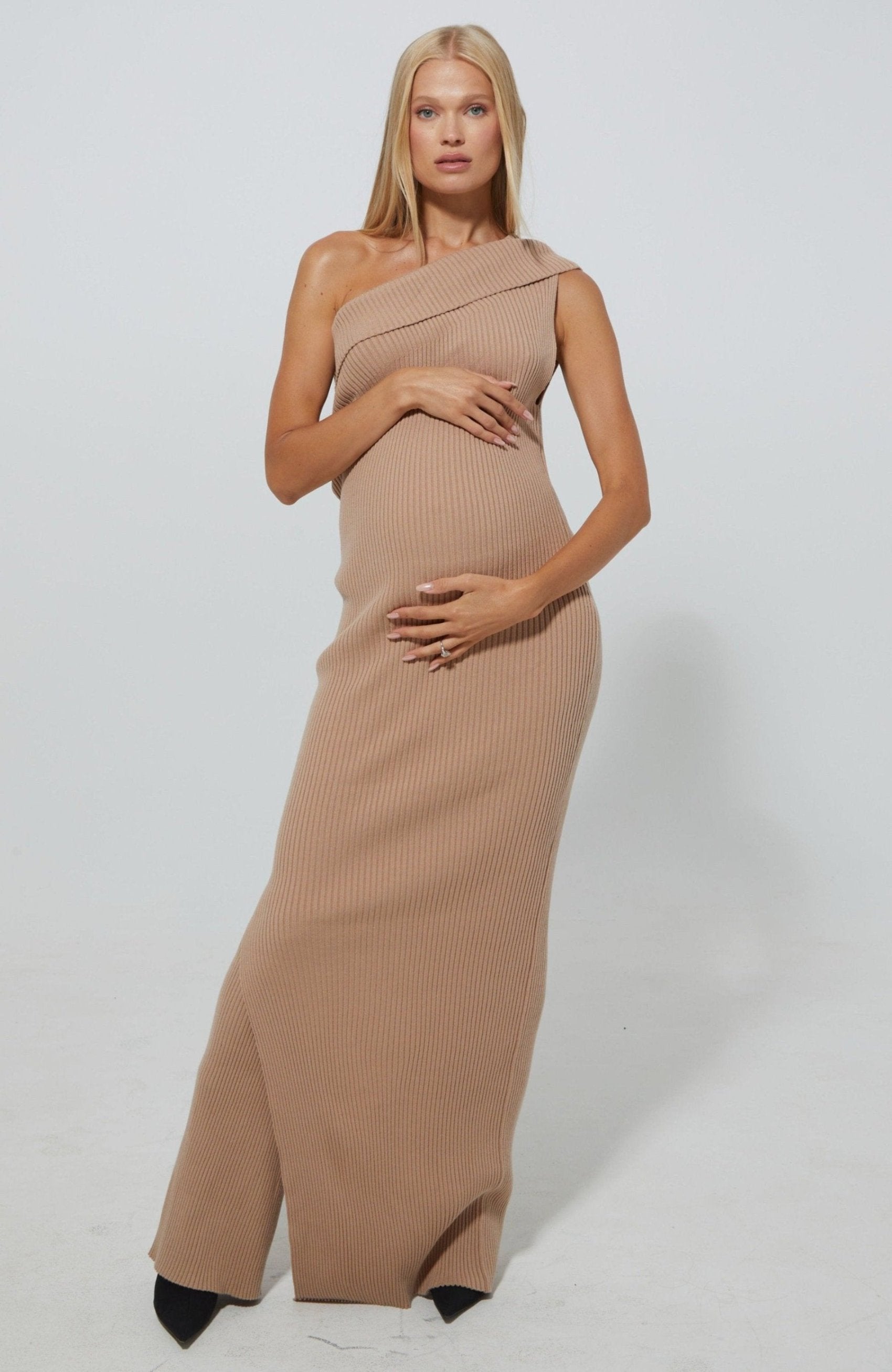 Cozy Knit One Shoulder Dress in Camel