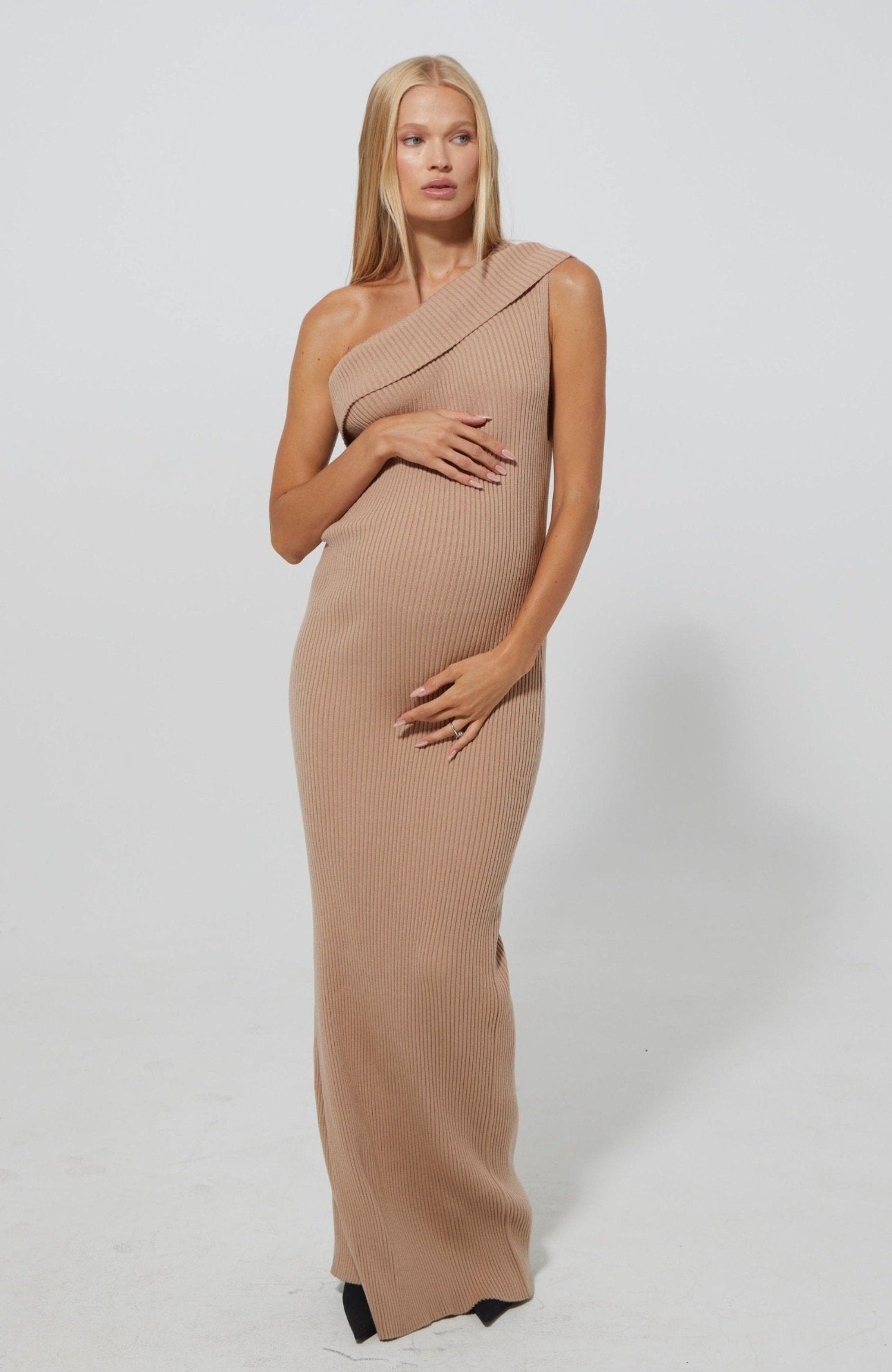 Cozy Knit One Shoulder Dress in Camel