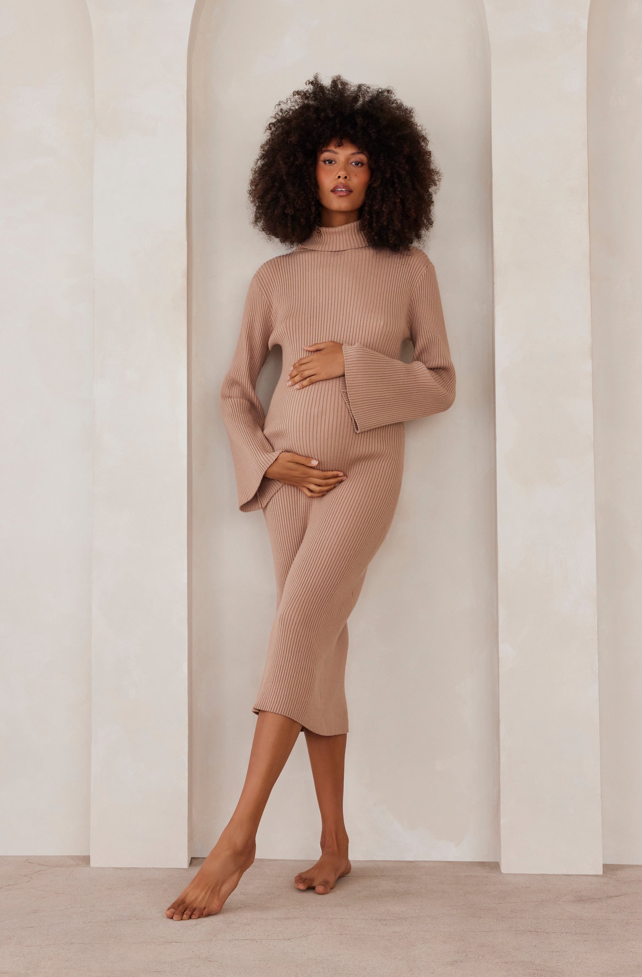 Cozy Knit Oversized Midi Maternity Dress in Camel