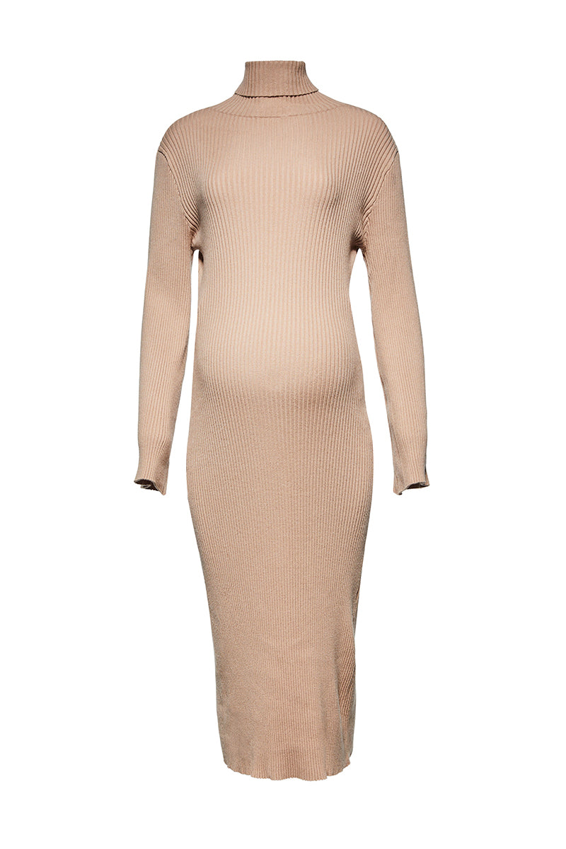 Cozy Knit Oversized Midi Maternity Dress in Camel