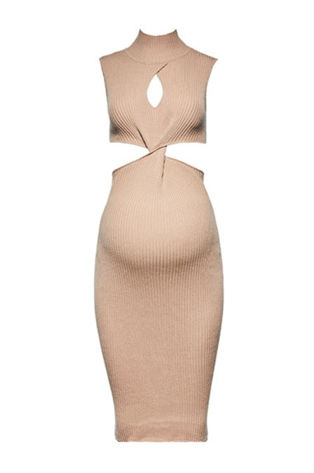 Cozy Knit Turtleneck Cut out Midi Dress in Camel