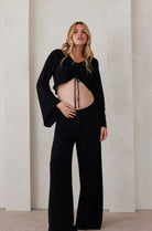 Bumpsuit Maternity Drawstring cropped linen top in black