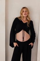 Bumpsuit Maternity Drawstring cropped linen top in black