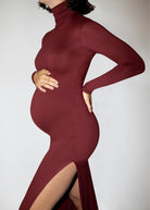 the monica turtleneck long sleeve maxi dress with side slit in burgundy