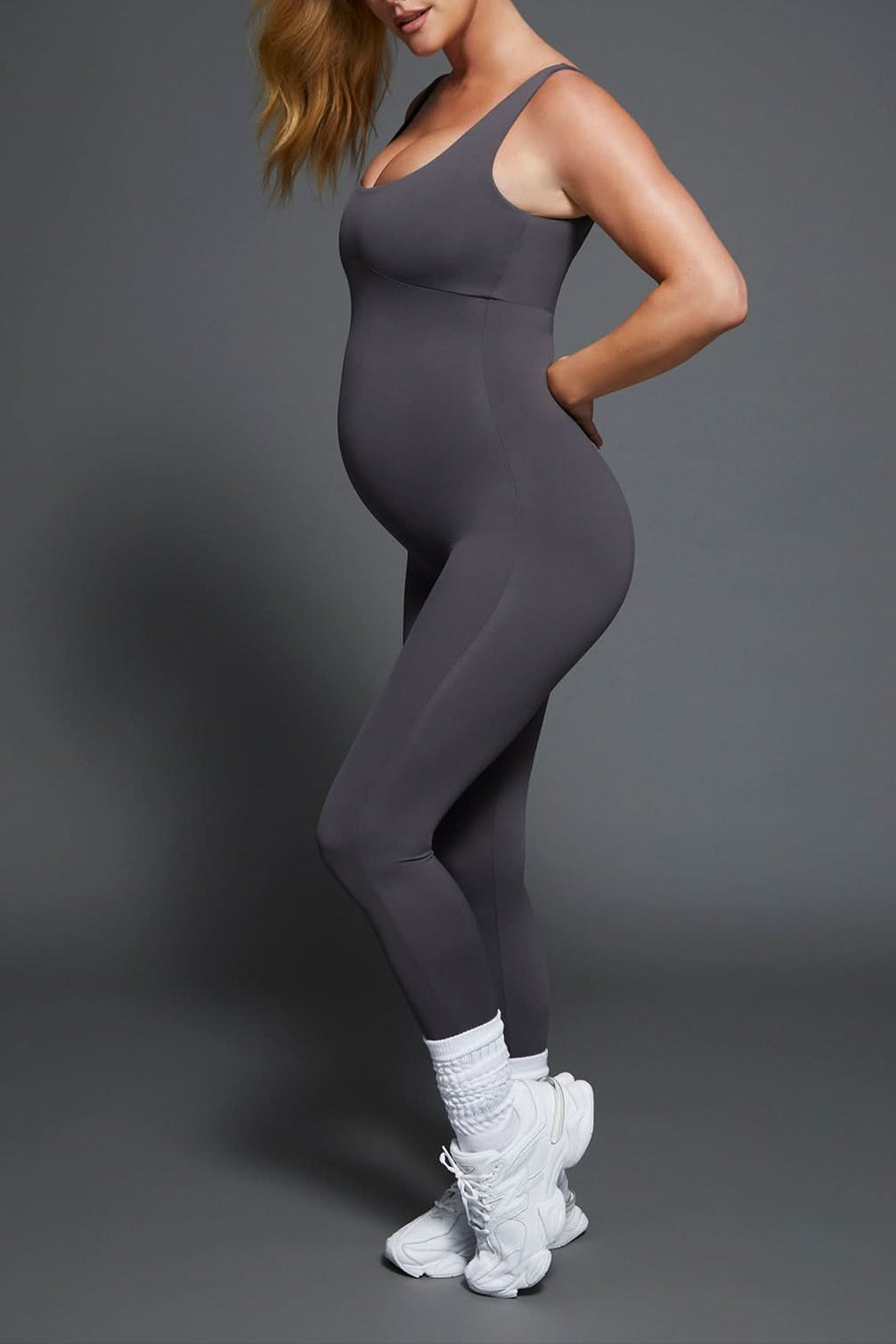 bumpsuit the perfect movement unitard in slate worn by nina agdal activewear