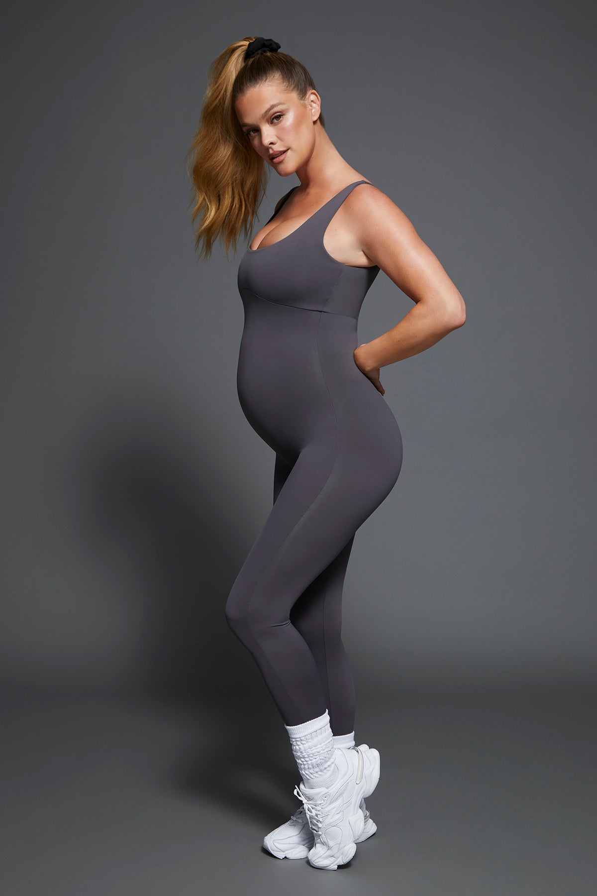 bumpsuit the perfect movement unitard in slate worn by nina agdal activewear