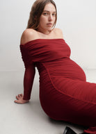 the off the shoulder soft mesh maternity dress in red