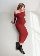 the off the shoulder soft mesh maternity dress in red