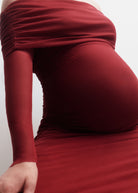 the off the shoulder soft mesh maternity dress in red