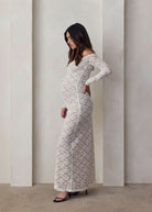 off the shoulder lace maxi dress in ivory