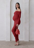 the off the shoulder soft mesh maternity dress in red