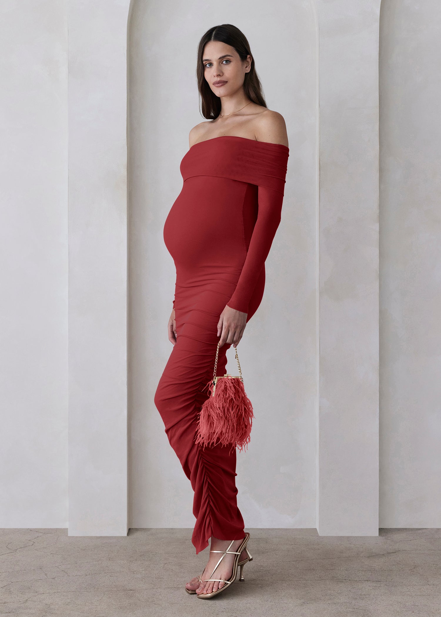 the off the shoulder soft mesh maternity dress in red